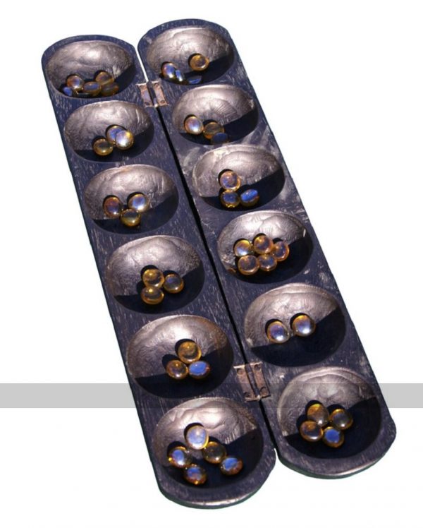 Oware Mancala Game - stained black, pencil style with seeds