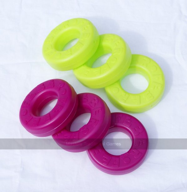 6 spare disks for Mega 4 in a Line (3 purple, 3 light green)