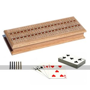 Cabinet Cribbage Set - 3 Track Solid Oak Board with Pegs & Cards