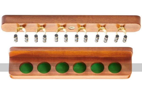 Premium Mahogany Cue Rack with Brassed Clips, Made in UK (Holds 6 Cues)