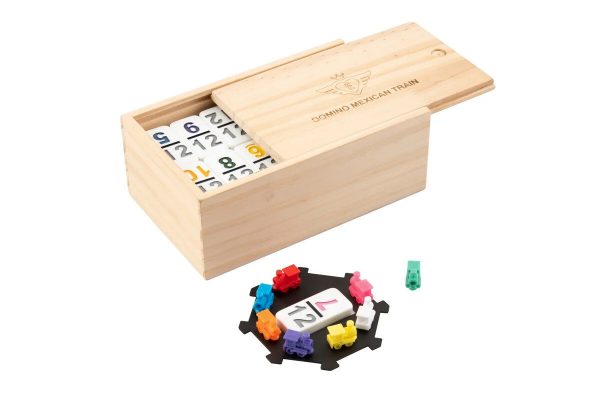 Double 12 Mexican Train Dominoes with numbers in wooden box