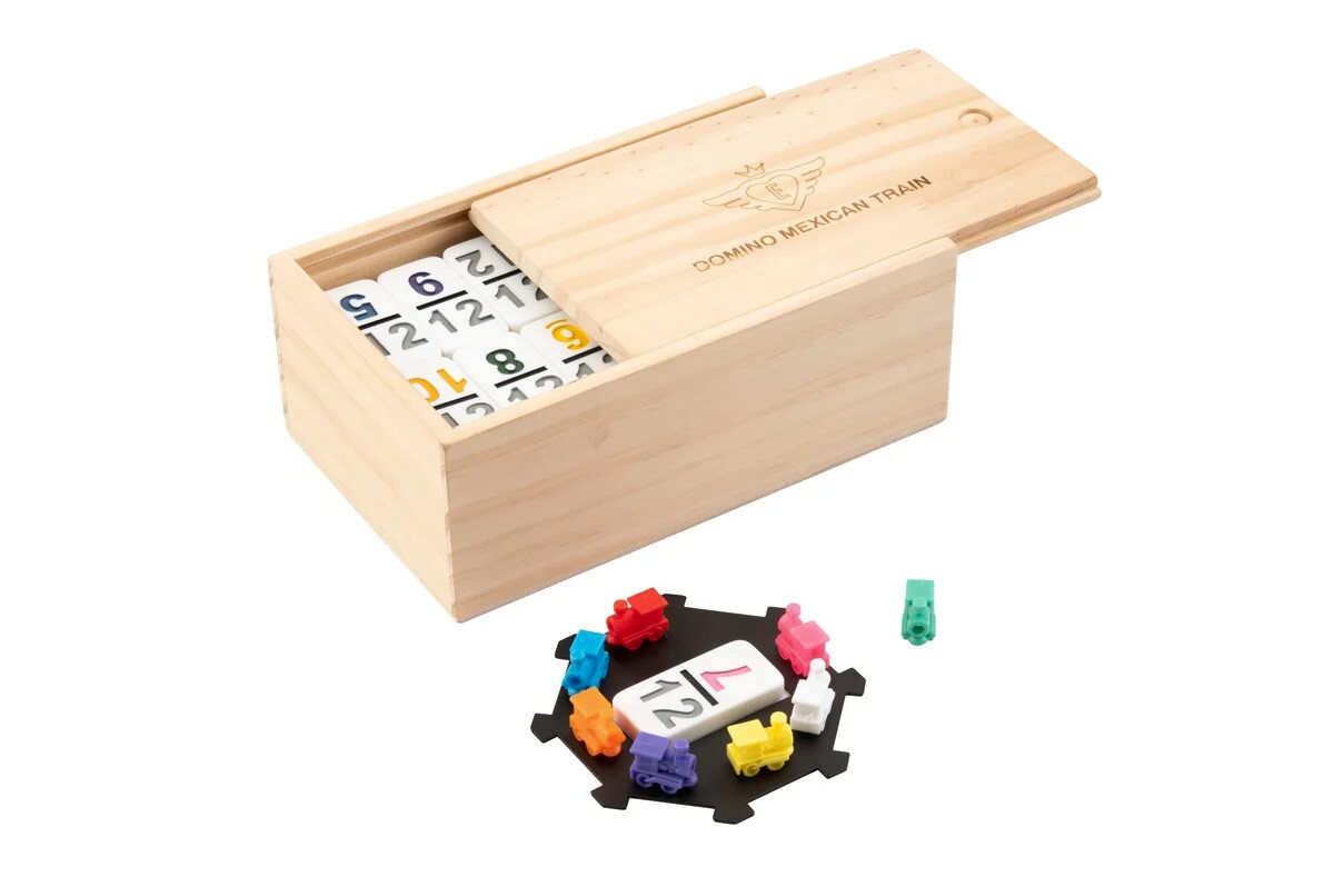 Double 12 Mexican Train Dominoes with numbers in wooden box