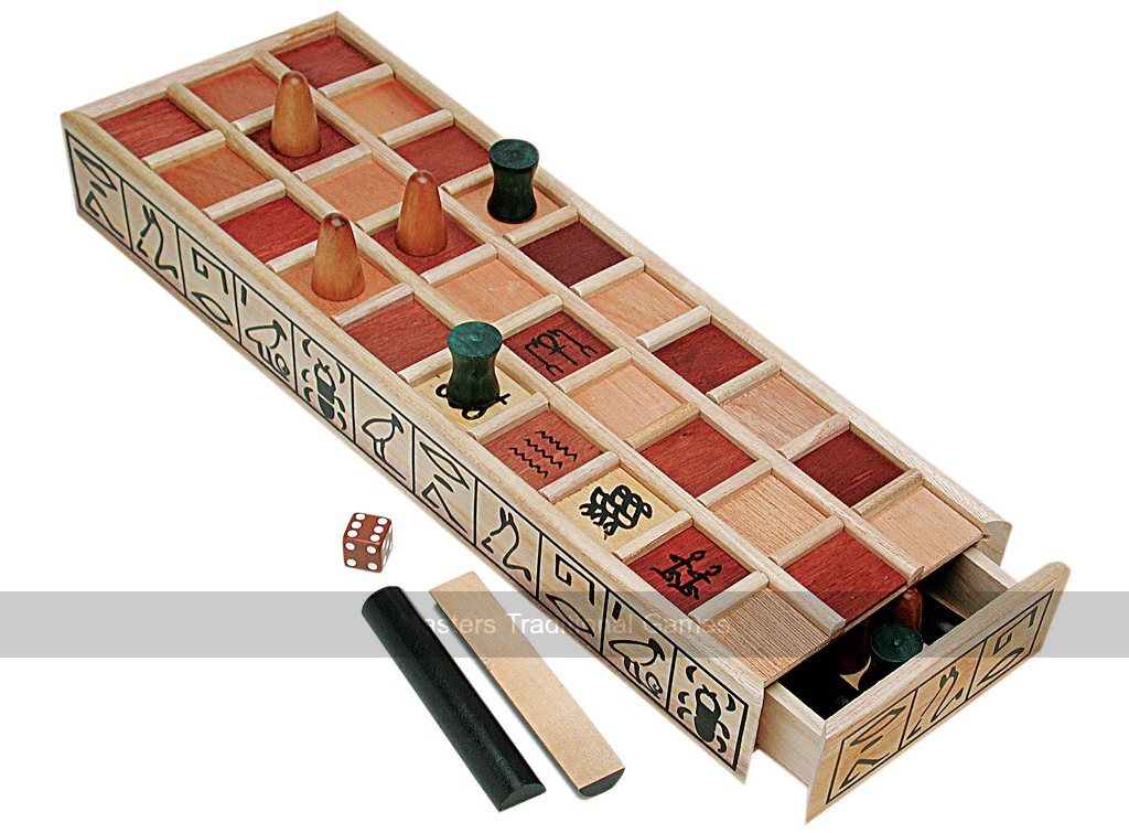 Ancient Egyptian Senet Game - Wooden Board (Red Squares) & Binary Dice