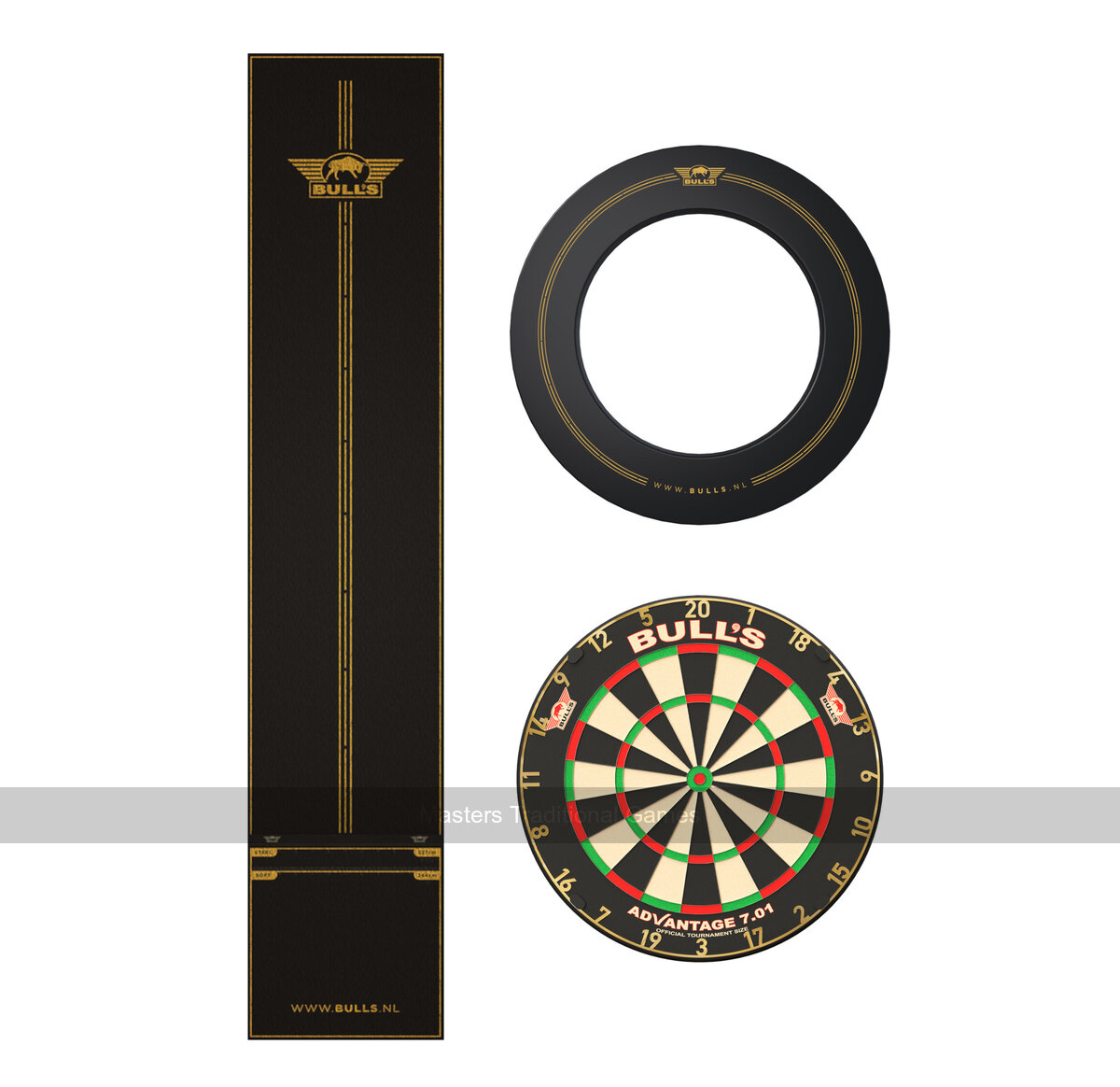 Bull's Advantage 'Gold' Dartboard Bundle. Board, Surround and Dart Mat