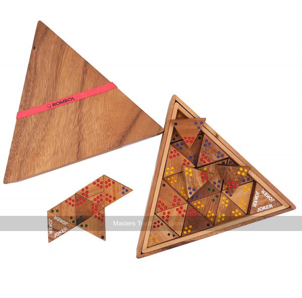 Rombol Tridomino in Triangular Wooden Box - Coloured Dots, 2 Jokers