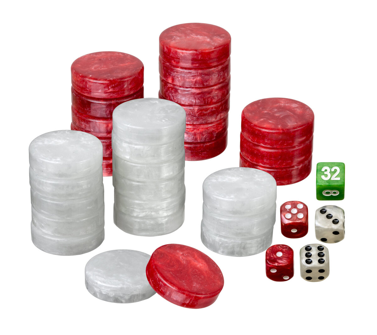 Set of Backgammon Pieces / Checkers, 28mm, Red / White, Plastic