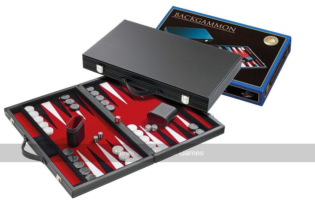 Philos 18.5-inch Backgammon Set in Black Case with Red Felt Surface