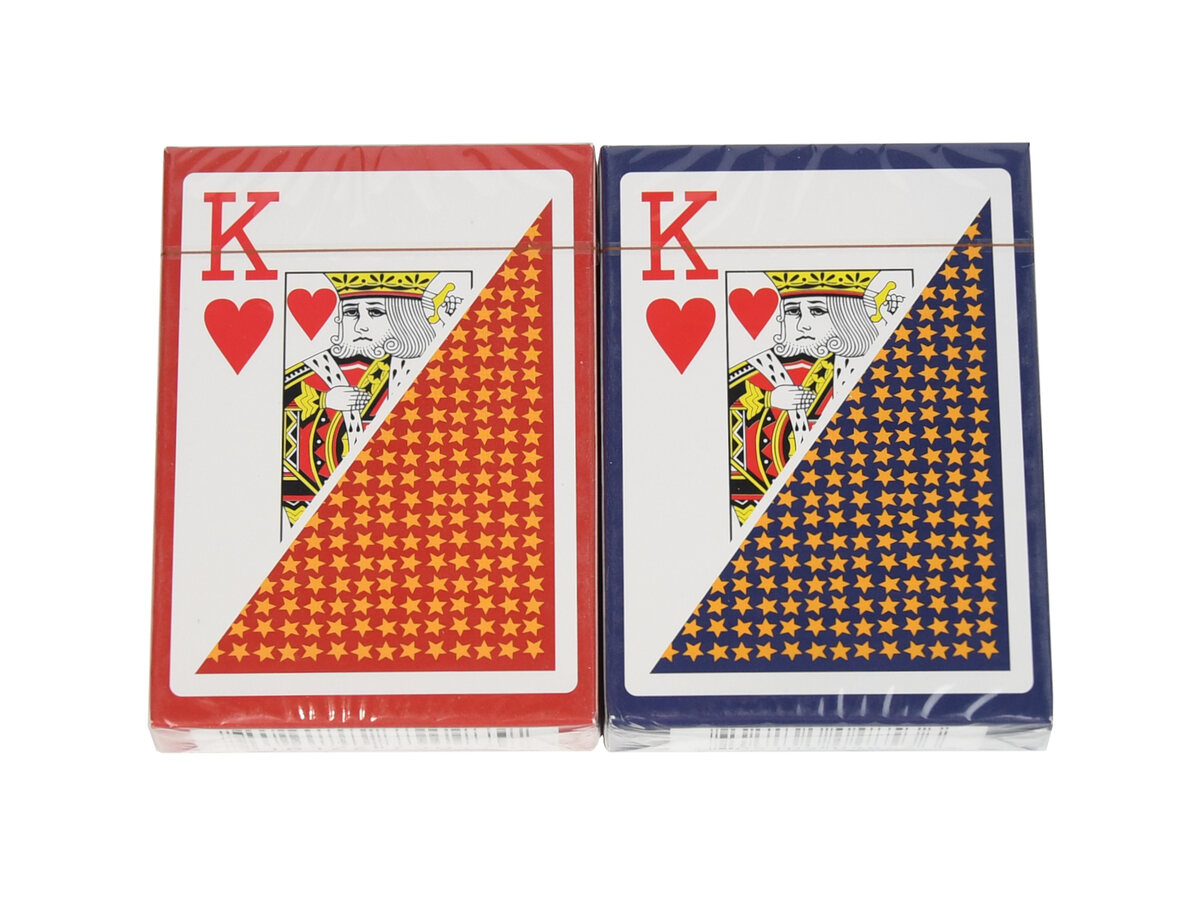 6 Decks of 100% plastic playing cards (3 red, 3 blue)
