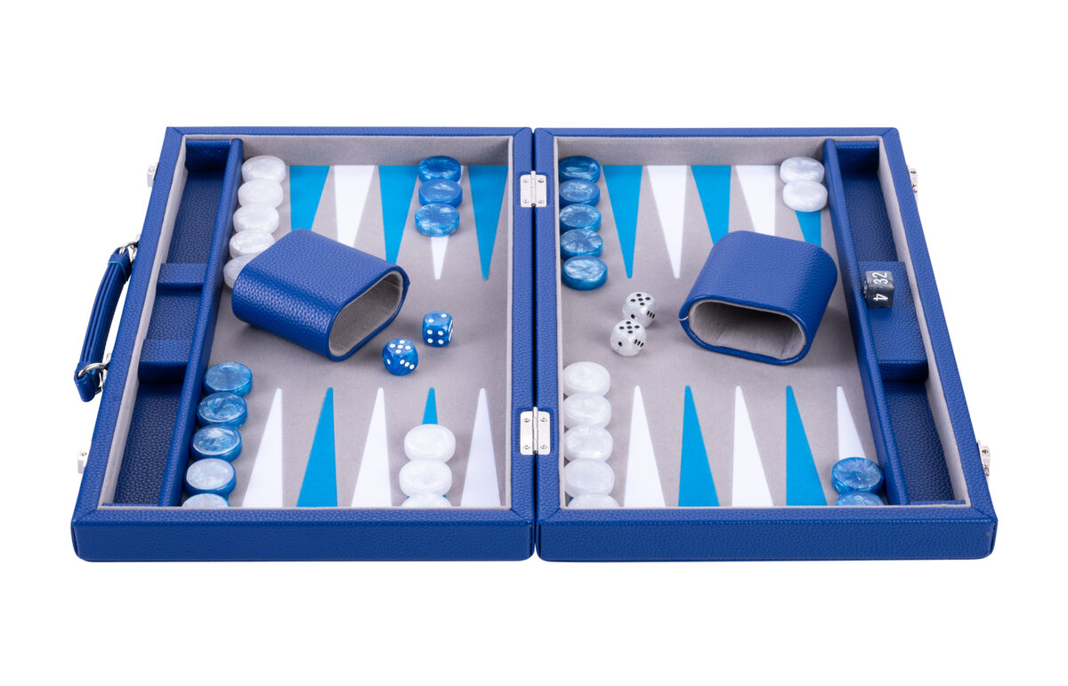 Backgammon 15 inch grijs/blauw/wit ingelegd