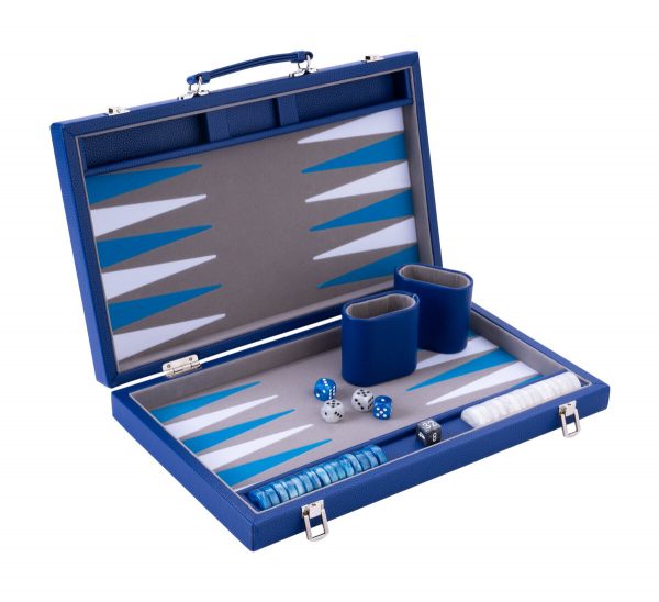 Backgammon 15 inch grijs/blauw/wit ingelegd