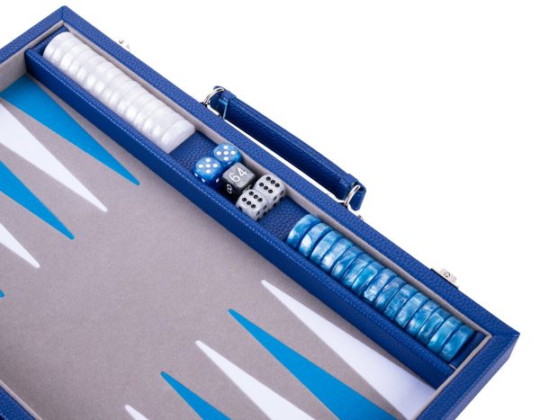 Backgammon 15 inch grijs/blauw/wit ingelegd