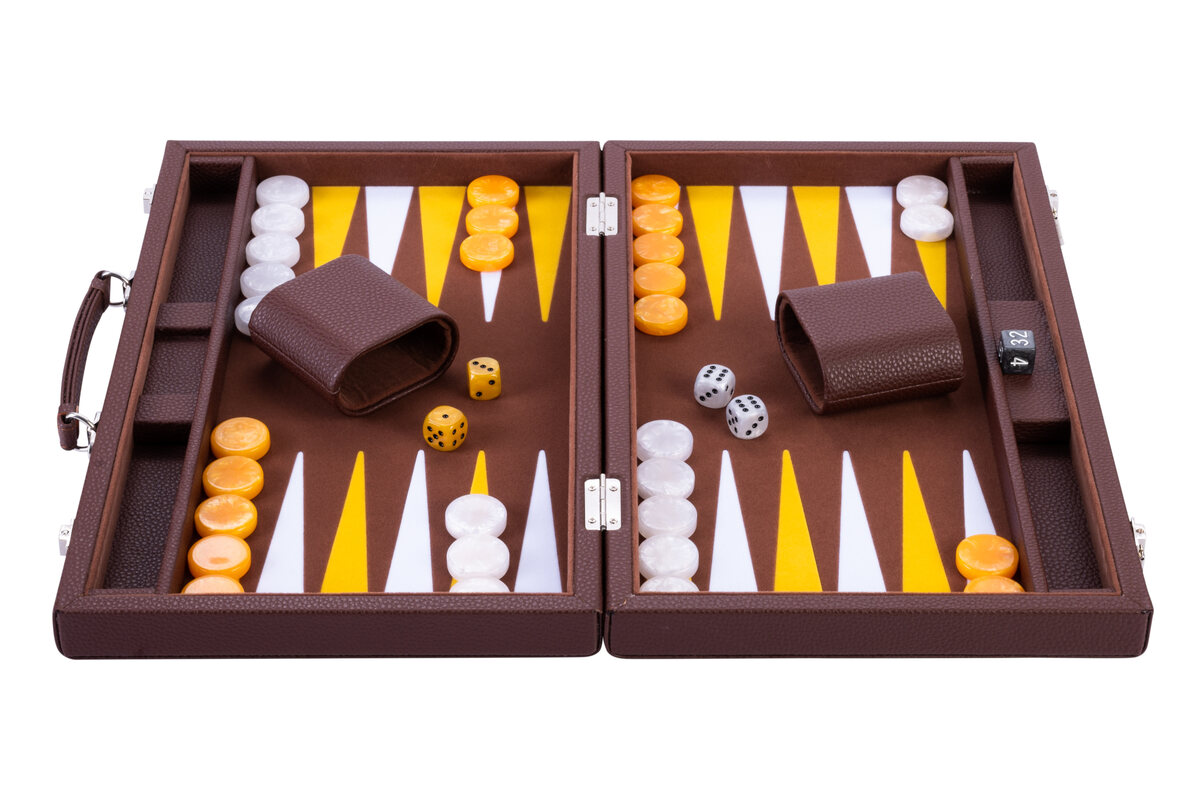 Backgammon 15 inch brown/yellow/white felt inlaid