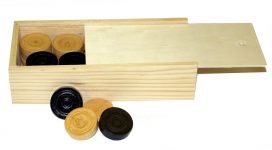 35mm hardwood Draughts pieces (20 dark and 20 light) in wooden box